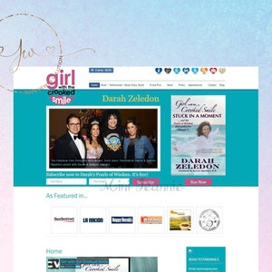 May include: A website homepage for the book "Girl with the Crooked Smile: Stuck in a Moment" by Darah Zeledon. The website features a photo of the author with three other people, a book cover, and a subscription form. The website also includes a section for book testimonials and a list of publications that have featured the book.