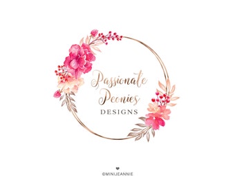 Round Floral Logo-Flower Logo-Modern Wreath Logo-Peonies Logo-Round Logo-Circle Logo-Premade Logo-Watercolor Logo-Free Font Change