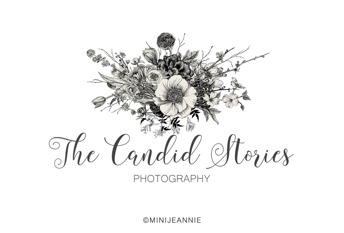 Hand Drawn Floral Logo-black and White Floral Logo-flower | Etsy