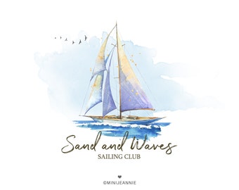 May include: Watercolor painting of a sailboat with blue and gold sails on a blue and white watercolor background. The text "Sand and Waves Sailing Club" is below the sailboat.