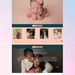 May include: A website homepage for a photography business called Tiffany Robinson Photography. The website features a variety of services, including maternity, newborn, wedding, and family photography. The website also includes a section where customers can view testimonials from previous clients.