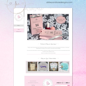 May include: A website for a business that creates custom party favors. The website features a pink and gray color scheme and images of various party favors, including boxes, bags, and favors with the text "Sweet 16".