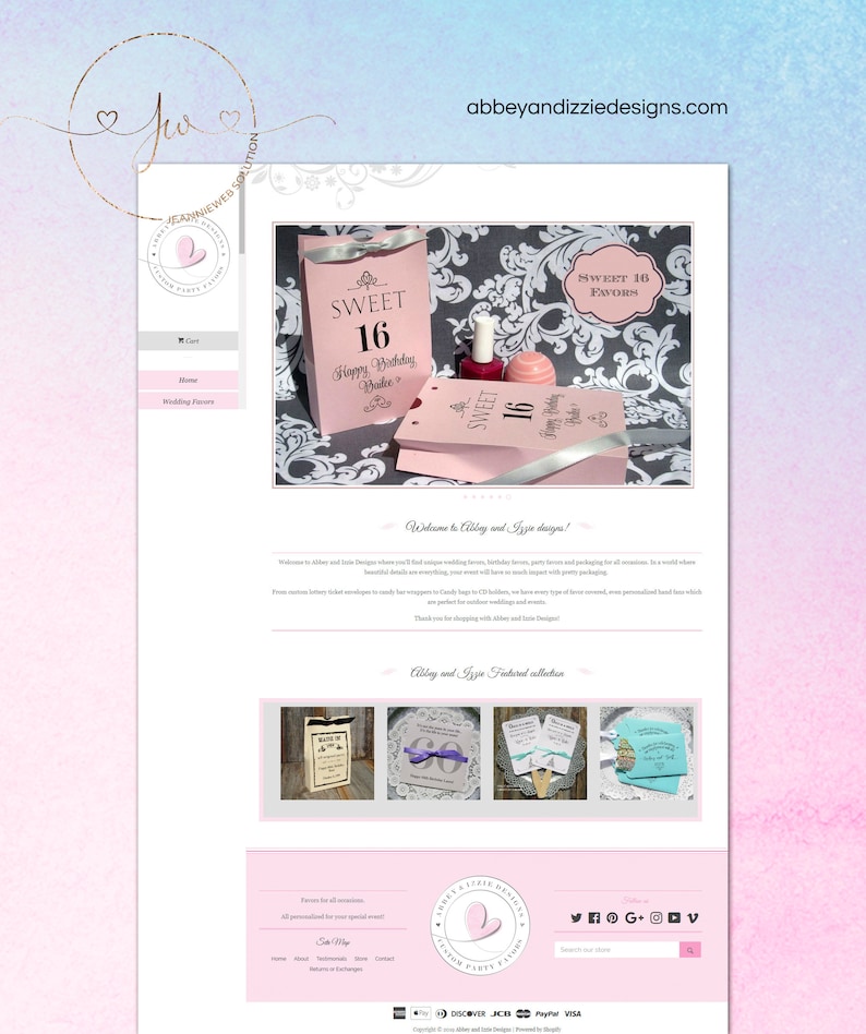 May include: A website for a business that creates custom party favors. The website features a pink and gray color scheme and images of various party favors, including boxes, bags, and favors with the text "Sweet 16".