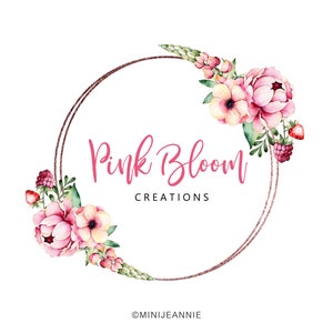 May include: A watercolor logo with a pink and white floral wreath around a gold circle. The text "Pink Bloom Creations" is in pink script font inside the circle. The text "@minijannie" is at the bottom of the image.