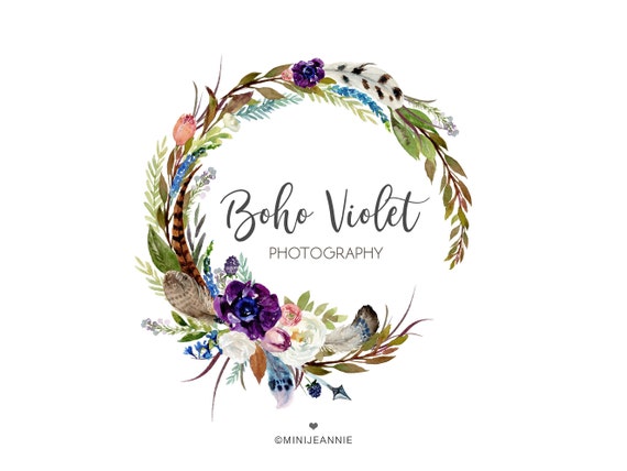 Download Boho Floral Logo Floral Logo Bohemian Flower Logo Feather Etsy
