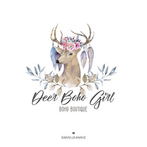 Deer Logo-Doe Logo-Animal Logo-Boho Animal Logo-Nature Logo-Boho Logo-Rustic logo-Feather Logo-Premade Logo-Watercolor Logo-Free Font Change