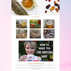 May include: Website homepage for Reva Tea, a company that sells loose leaf tea, tea bags, teaware, and lifestyle products. The website features a video on how to make tea the British way, a call to action to join the newsletter, and a section to find the company on Instagram.