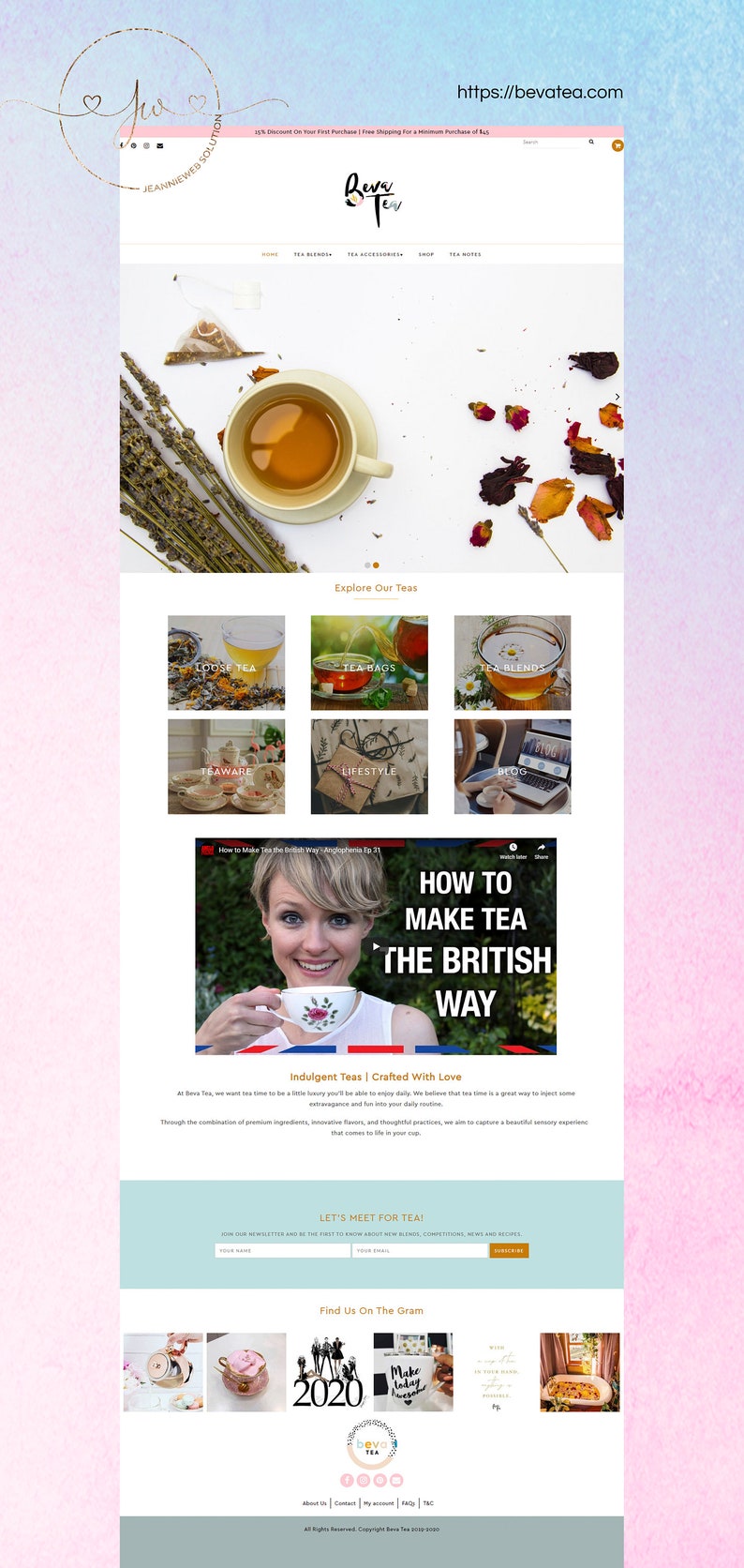 May include: Website homepage for Reva Tea, a company that sells loose leaf tea, tea bags, teaware, and lifestyle products. The website features a video on how to make tea the British way, a call to action to join the newsletter, and a section to find the company on Instagram.