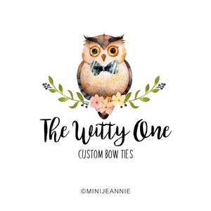 May include: A watercolor illustration of an owl wearing a bow tie and sitting on a branch with flowers. The text "The Witty One Custom Bow Ties" is below the owl. The text "OMINIJEANNI" is at the bottom of the image.