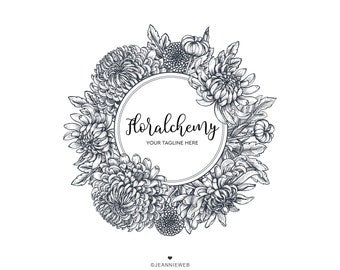 Chrysant bloemenlogo, met de hand getekend bloemenlogo ontwerp, met de hand geschetst bloemenlogo, bloemenlogo voor kleine bedrijven. Bloemframe-logo