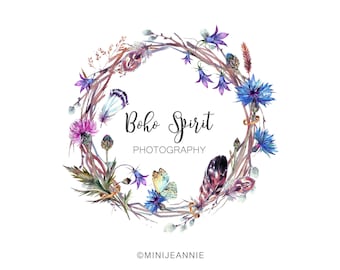 Wildflower Wreath Logo-Boho Logo-Bohemian Logo-Bluebell Logo-Thistle Logo-Feather Logo-Butterfly Logo-Cornflower Logo-Floral wreath logo