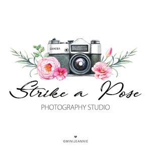 Camera Logo-Photography Logo-Photographer Logo-Camera with Flowers Logo-Photography Watermark-Watercolor Logo-Lens Logo-Free Font Change