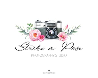 Camera Logo-Photography Logo-Photographer Logo-Camera with Flowers Logo-Photography Watermark-Watercolor Logo-Lens Logo-Free Font Change