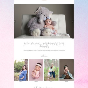 May include: A website for a newborn, baby, and family photographer in St. Cloud, Minnesota. The website features a photo of a baby girl holding a large gray elephant stuffed animal. The website also includes a gallery of photos, a call to action to follow the photographer on Instagram, and a subscription form.