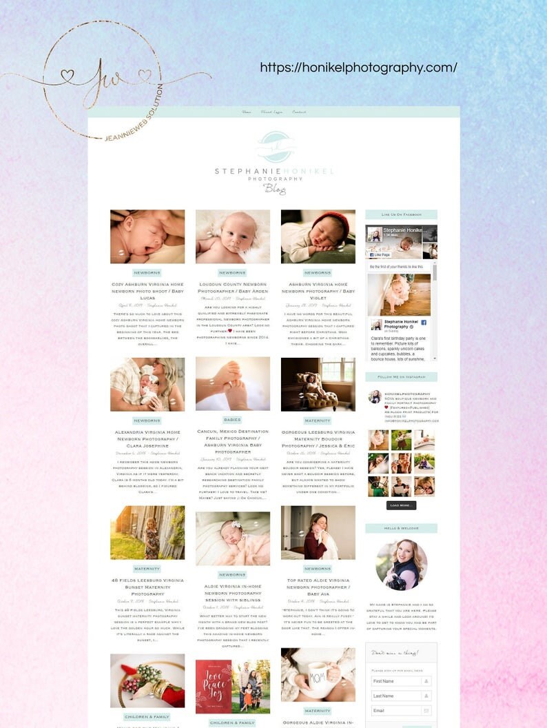 May include: A website for Stephanie Honikel Photography, featuring a blog with images and text about newborn, maternity, and family photography. The website also includes a contact form and links to social media.