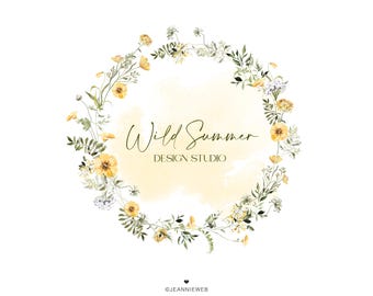 May include: A watercolor wreath of yellow flowers and green leaves with the text "Wild Summer Design Studio" in the center.