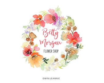 Watercolor floral Logo-Wreath Logo-Flower logo-Photography Logo-Etsy logo-Boutique Logo-Business Logo-Premade logo-Free Font Change