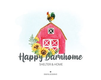 Scheunen Logo-Bauernhof Logo-Bauernhof Floral Logo-Rustikales Logo-Hahn Logo-Bauernhof Tiere Logo-Vorgefertigtes Logo-Aquarell Logo-Free Font Change