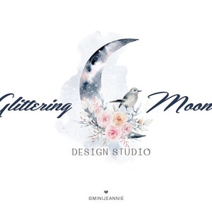Moon Logo-Night Sky Logo-Dark Moon Logo-Flowers Logo-Bird Logo-Nature Logo-Bohemian Logo-Watercolor Logo-Photography Logo-Free Font Change