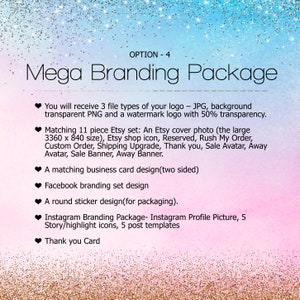 Puede incluir: Un gr&aacute;fico rosa y azul con el texto "Mega Branding Package" y una lista de servicios de marca que se ofrecen, que incluyen dise&ntilde;o de logotipos, gr&aacute;ficos para redes sociales y tarjetas de visita.