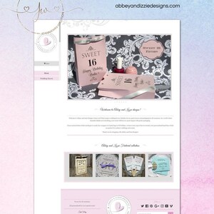 May include: Pink and gray website design for a business called Abbey and Izzy Designs. The website features a variety of party favors, including sweet 16 favors, wedding favors, and birthday favors. The website also includes a logo with a butterfly and the text "Abbey and Izzy Designs - London Party Favors".