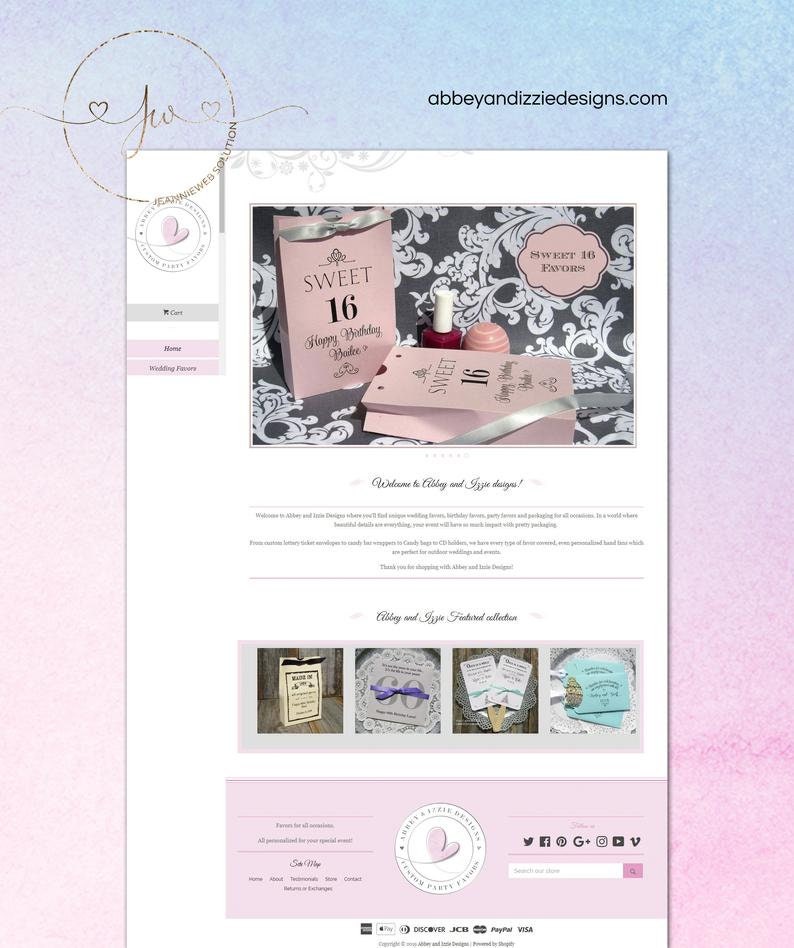 May include: Pink and gray website design for a business called Abbey and Izzy Designs. The website features a variety of party favors, including sweet 16 favors, wedding favors, and birthday favors. The website also includes a logo with a butterfly and the text "Abbey and Izzy Designs - London Party Favors".
