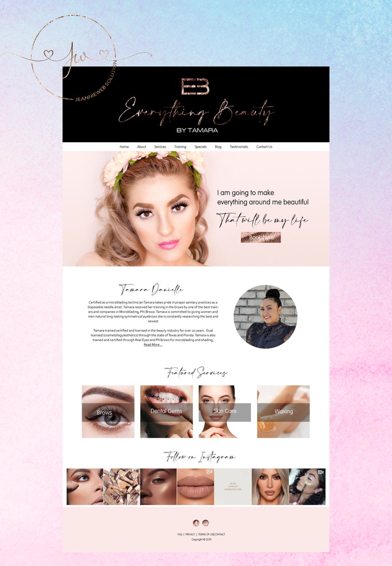 K&ouml;nnte beinhalten: Homepage der Website f&uuml;r Everything Beauty by Tamara, ein Sch&ouml;nheitssalon, der sich auf Microblading, Augenbrauen, Zahnschmuck, Hautpflege und Waxing spezialisiert hat. Die Website zeigt ein Foto der Inhaberin, Tamara Danielle, und einen Call-to-Action, um jetzt zu buchen. Die Website bietet auch einen Bereich f&uuml;r empfohlene Dienstleistungen und einen Link, um dem Salon auf Instagram zu folgen.