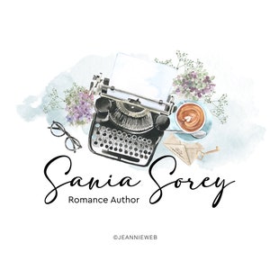 May include: A watercolor illustration of a vintage typewriter with a cup of coffee, flowers, and glasses. The text "Sania Sorey Romance Author" is written below the typewriter. The copyright symbol and "@jeanniweb" are written below the text.