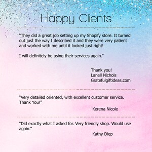 K&ouml;nnte beinhalten: Ein rosa und blauer Hintergrund mit wei&szlig;em Text. Der Text lautet "Happy Clients" und enth&auml;lt Kundenbewertungen &uuml;ber einen Shopify-Shop. Die Bewertungen heben den exzellenten Kundenservice des Shops und seine F&auml;higkeit hervor, die Bed&uuml;rfnisse der Kunden zu erf&uuml;llen.