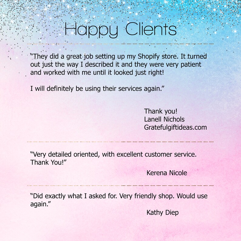 K&ouml;nnte beinhalten: Ein rosa und blauer Hintergrund mit wei&szlig;em Text. Der Text lautet "Happy Clients" und enth&auml;lt Kundenbewertungen &uuml;ber einen Shopify-Shop. Die Bewertungen heben den exzellenten Kundenservice des Shops und seine F&auml;higkeit hervor, die Bed&uuml;rfnisse der Kunden zu erf&uuml;llen.