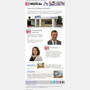 Pode incluir: Um boletim informativo anunciando a abertura de um novo ramo m&eacute;dico. O boletim inclui fotos do novo ramo, dos m&eacute;dicos e as informa&ccedil;&otilde;es de contato do ramo. O boletim tamb&eacute;m inclui o texto "Lan&ccedil;amento do ramo de Melton" e "Q1 Medical".