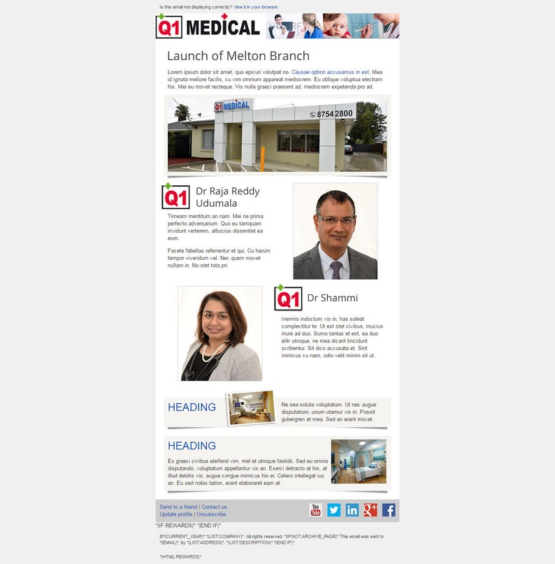 Pode incluir: Um boletim informativo anunciando a abertura de um novo ramo m&eacute;dico. O boletim inclui fotos do novo ramo, dos m&eacute;dicos e as informa&ccedil;&otilde;es de contato do ramo. O boletim tamb&eacute;m inclui o texto "Lan&ccedil;amento do ramo de Melton" e "Q1 Medical".