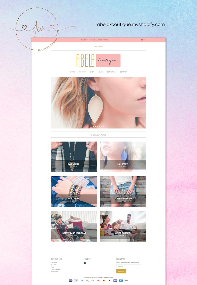 May include: Abela Boutique website homepage featuring a variety of jewelry, clothing, and accessories. The website features a collection of necklaces, earrings, bracelets, clutches, scarves, and other items. The website also features a customer care section, a follow us section, and a newsletter signup.