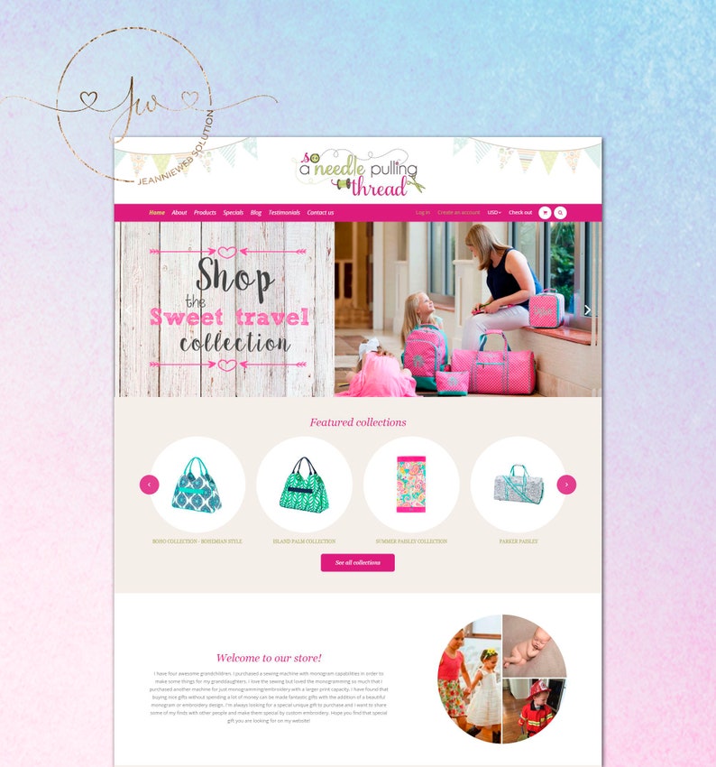 May include: A website homepage for a shop selling travel bags and accessories. The website features a pink and green color scheme and a banner that says "Shop the Sweet Travel Collection". The website also features a section called "Featured Collections" with images of different bags.