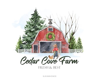 Rote Scheune Logo, Bauernhaus Logo, Bauernhof Logo, Rustikale Logo, Scheune mit Hühner und Enten Logo, Bauernhof Tiere Logo, Vorgefertigtes Logo, Aquarell Logo