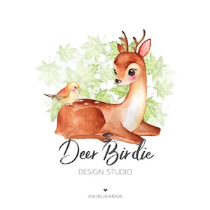 Deer Logo-Bird Logo-Doe Logo-Fawn Logo-Animal Logo-Baby Animal Logo-Nature Logo-Friends Logo-Jungle logo-Watercolor Logo-Free Font Change