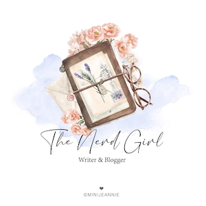 May include: Watercolour illustration of a vintage leather-bound journal with a floral design, a letter, and a pair of glasses. The text "The Nerd Girl" is written below the journal, along with the words "Writer & Blogger" and the social media handle "@MINIJENNIE".