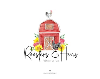 Schönes Scheunen Logo-Bauernhof Logo-Bauernhof Floral Logo-Rustikales Logo-Hahn Logo-Bauernhof Tiere Logo-Vorgefertigtes Logo-Aquarell Logo