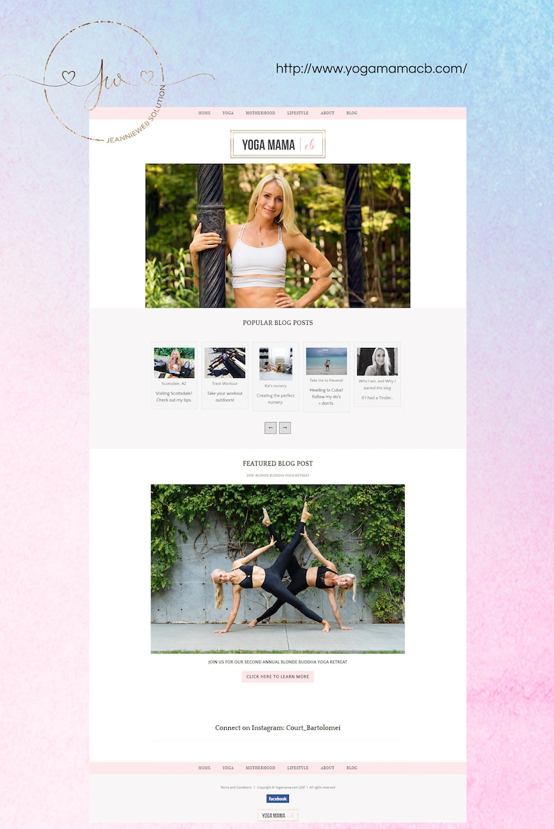 May include: A website homepage for Yoga Mama, a yoga studio and blog. The website features a photo of a woman in a white sports bra and black leggings, a photo of two women doing yoga, and a call to action to join a yoga retreat. The website also includes links to the studio's blog, social media pages, and contact information.