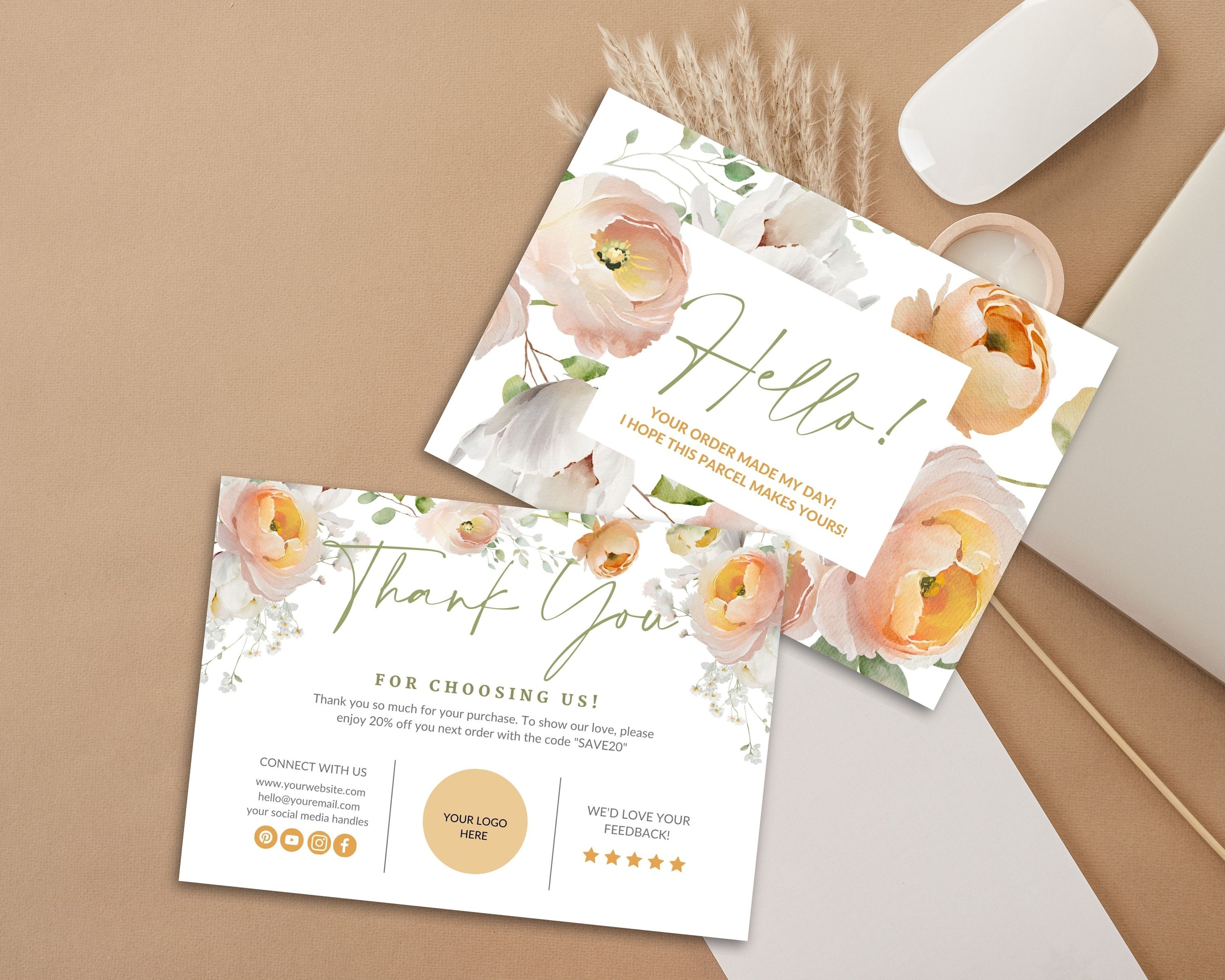 Peony Rose Thank You Card Template, Canva Editable DIY Printable Order ...