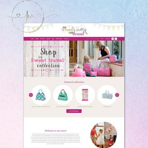 May include: Website homepage for a shop called "So a needle pulling thread" that sells travel bags and accessories. The website features a pink and white color scheme with a wooden background. The website also features a photo of three girls with travel bags.