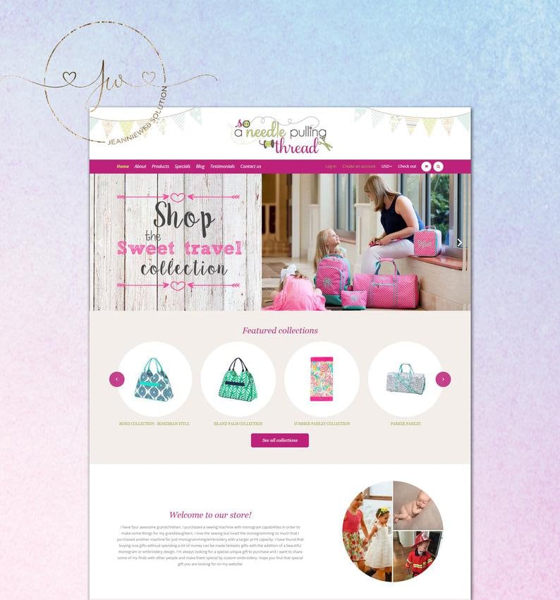 May include: Website homepage for a shop called "So a needle pulling thread" that sells travel bags and accessories. The website features a pink and white color scheme with a wooden background. The website also features a photo of three girls with travel bags.