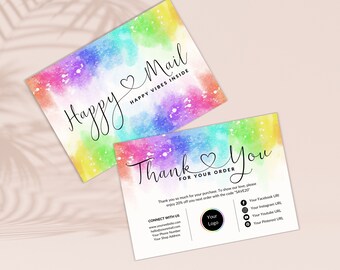 Regenbogen Dankeskartenvorlage, Canva Bearbeitbare DIY Aquarellbeikarte, Farbtupfer Packungsbeilage, Danke, dass Sie Visitenkarte bestellen