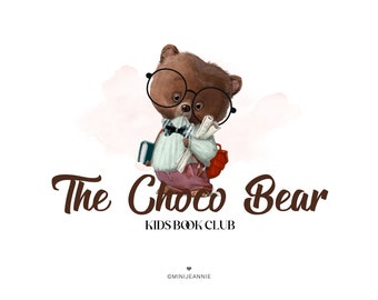 May include: A brown bear wearing glasses and a bow tie is holding a book and a scroll. The bear is standing in front of a pink watercolor background. The text "The Choco Bear Kids Book Club" is below the bear. The text "@MINIJENNIE" is at the bottom of the image.