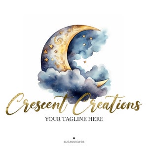 May include: A gold crescent moon with stars and swirls on a blue watercolor cloud. The text "Crescent Creations" is written in gold script below the moon. The text "Your Tagline Here" is written in smaller gold script below the main text.