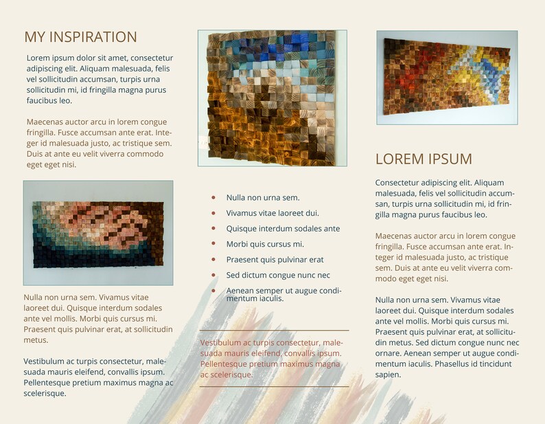 K&ouml;nnte beinhalten: Eine Collage aus kleinen Holzquadraten in Braun-, Blau- und Gelbt&ouml;nen. Die Quadrate sind in einem Raster angeordnet und bilden eine strukturierte Oberfl&auml;che. Der Text "MY INSPIRATION" und "LOREM IPSUM" ist im Bild sichtbar.