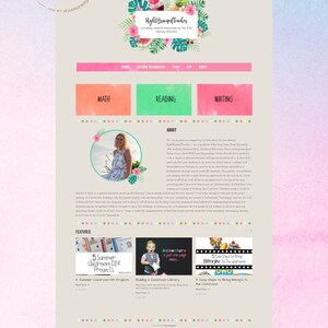May include: A website homepage for Right Brained Teacher, a resource for 21st-century educators. The website features a tropical-themed design with a photo of a woman smiling. The website offers resources for math, reading, and writing, as well as a blog and a shop.