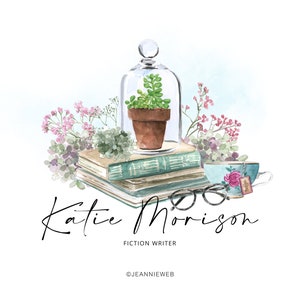 May include: A watercolour illustration of a stack of books, a teacup, a potted plant under a glass dome, and glasses. The text "Katie Morrison Fiction Writer" is below the books. The text "@jeanniweb" is below the text.