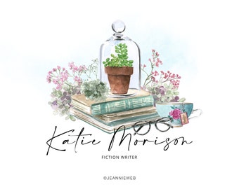 Może przedstawiać: Aquarela przedstawiająca stos książek, filiżankę do herbaty, roślinę w doniczce pod szklaną kopułą i okulary. Tekst "Katie Morrison Fiction Writer" znajduje się pod książkami. Tekst "@jeanniweb" znajduje się pod tekstem.