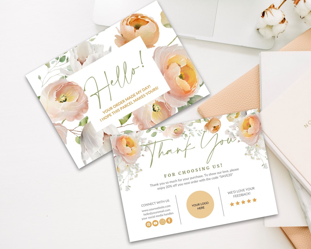 Peony Rose Thank You Card Template, Canva Editable DIY Printable Order ...